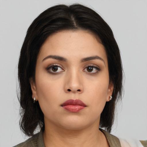 Neutral asian young-adult female with medium  black hair and brown eyes