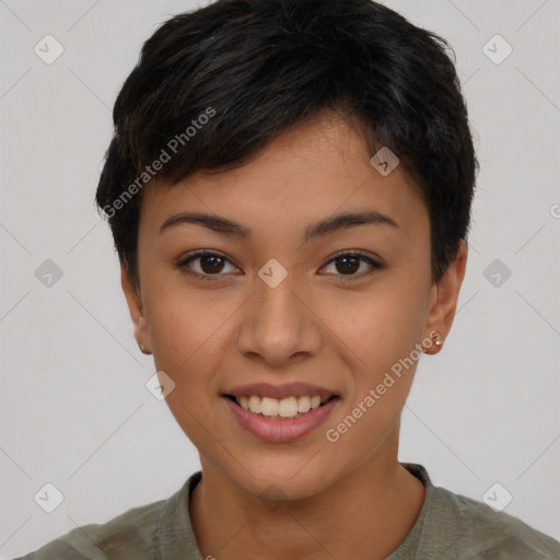 Joyful asian young-adult female with short  brown hair and brown eyes