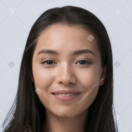 Joyful latino young-adult female with long  brown hair and brown eyes