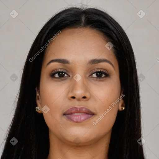 Joyful asian young-adult female with long  brown hair and brown eyes