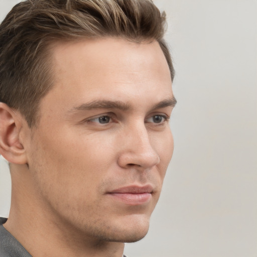 Neutral white young-adult male with short  brown hair and grey eyes