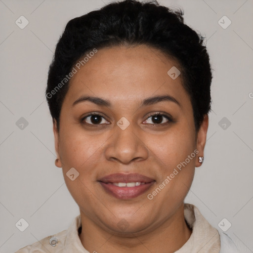 Joyful latino young-adult female with short  brown hair and brown eyes