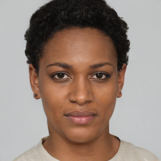 Neutral black young-adult female with short  black hair and brown eyes