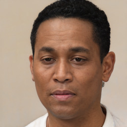 Joyful latino adult male with short  black hair and brown eyes