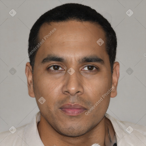 Neutral latino young-adult male with short  black hair and brown eyes