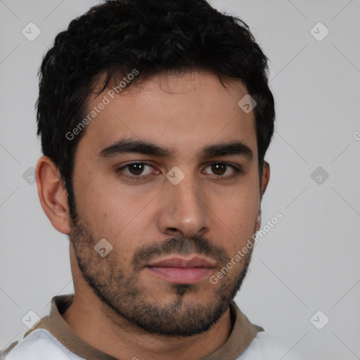 Neutral latino young-adult male with short  black hair and brown eyes