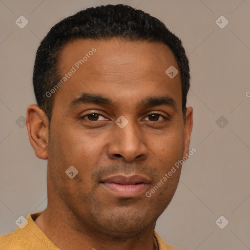 Joyful latino young-adult male with short  brown hair and brown eyes