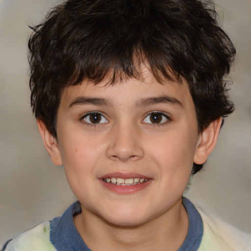 Joyful white child male with medium  brown hair and brown eyes