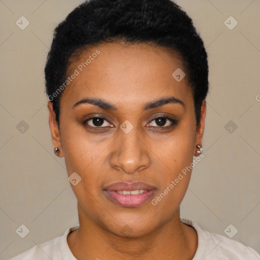 Joyful black young-adult female with short  black hair and brown eyes