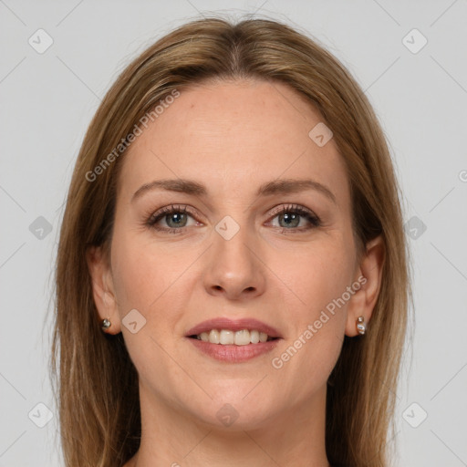 Joyful white young-adult female with long  brown hair and grey eyes