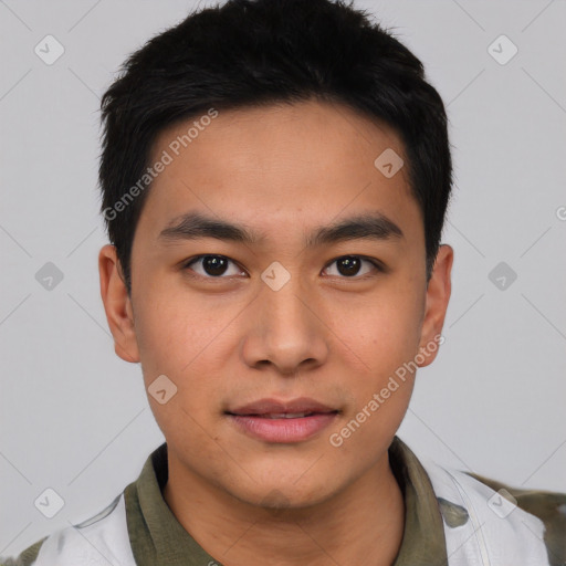 Neutral asian young-adult male with short  black hair and brown eyes