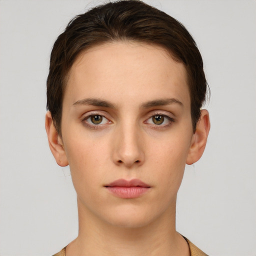 Neutral white young-adult female with short  brown hair and brown eyes