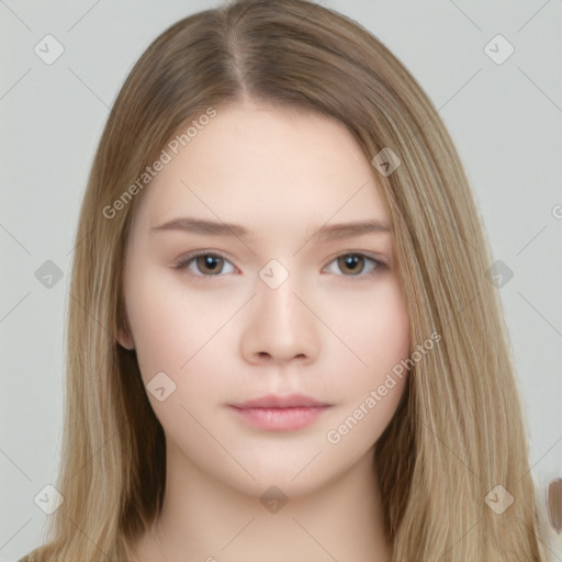 Neutral white young-adult female with long  brown hair and brown eyes