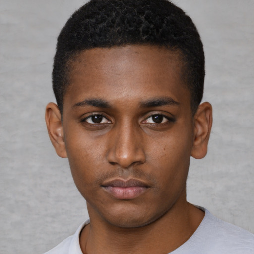Neutral black young-adult male with short  black hair and brown eyes