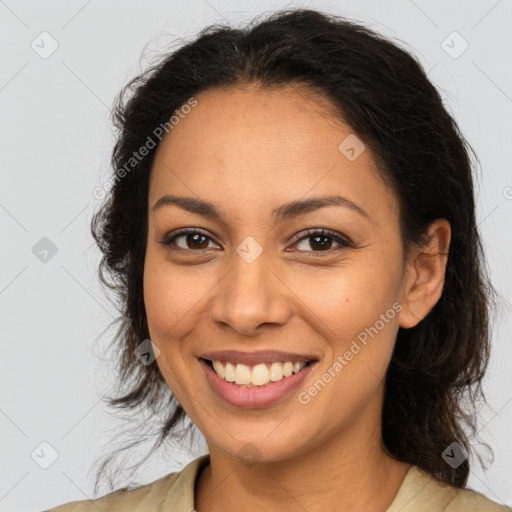 Joyful latino young-adult female with medium  brown hair and brown eyes