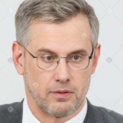 Neutral white middle-aged male with short  brown hair and brown eyes