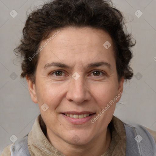 Joyful white adult female with short  brown hair and brown eyes