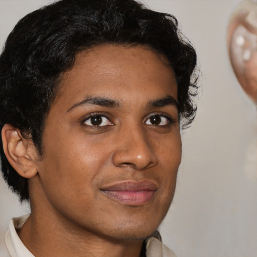 Joyful black young-adult male with short  brown hair and brown eyes
