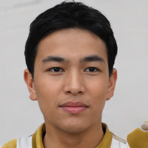 Neutral asian young-adult male with short  black hair and brown eyes
