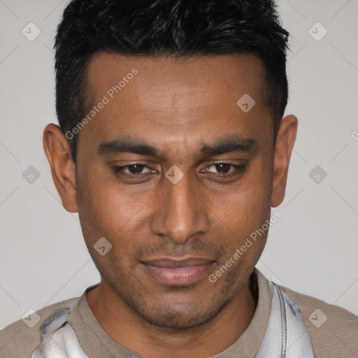 Neutral black young-adult male with short  black hair and brown eyes