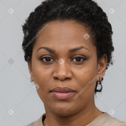 Joyful black adult female with short  black hair and brown eyes