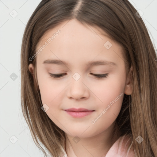 Joyful white child female with long  brown hair and brown eyes