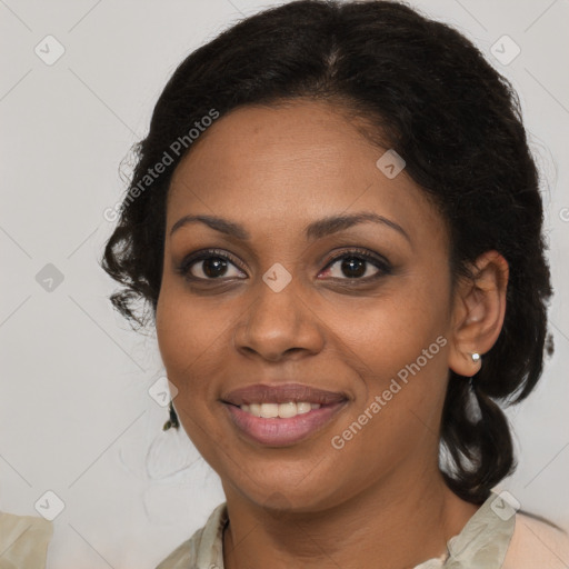 Joyful black young-adult female with medium  brown hair and brown eyes