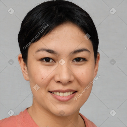 Joyful asian young-adult female with short  brown hair and brown eyes