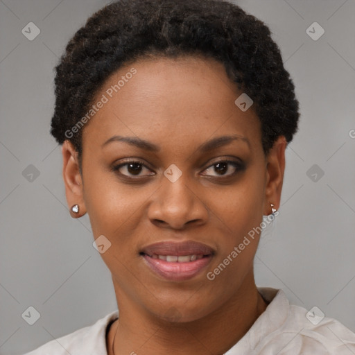 Joyful black young-adult female with short  brown hair and brown eyes