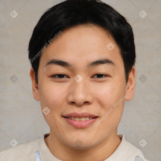 Joyful asian young-adult female with short  brown hair and brown eyes