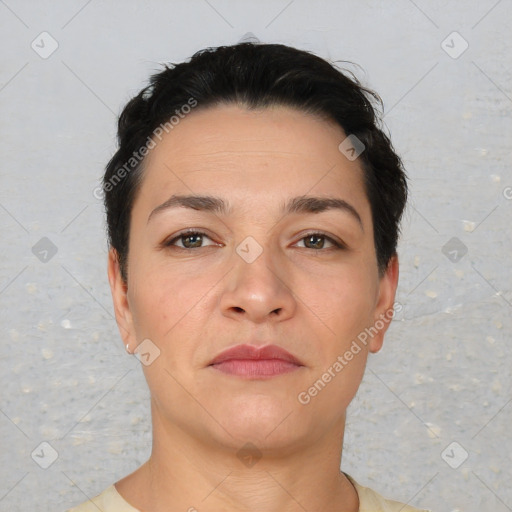 Neutral asian young-adult female with short  black hair and brown eyes