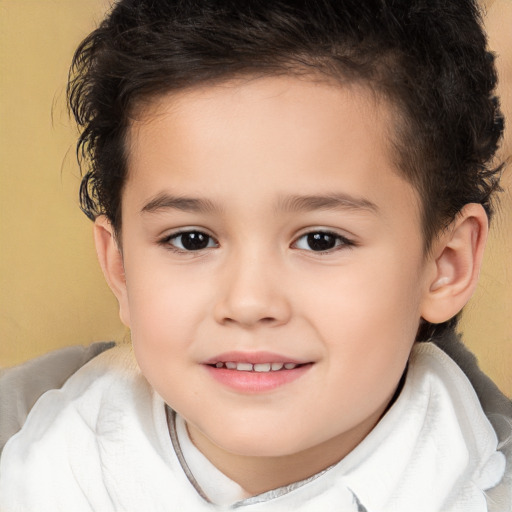 Joyful white child female with short  brown hair and brown eyes