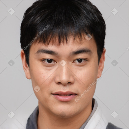 Neutral asian young-adult male with short  black hair and brown eyes