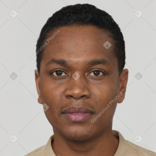 Neutral black young-adult male with short  black hair and brown eyes