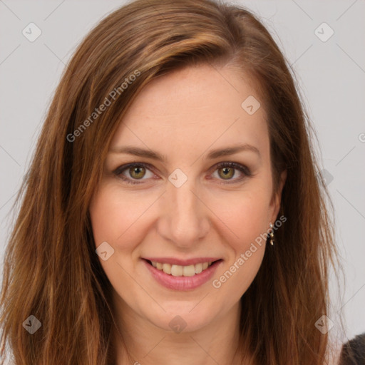 Joyful white young-adult female with long  brown hair and brown eyes