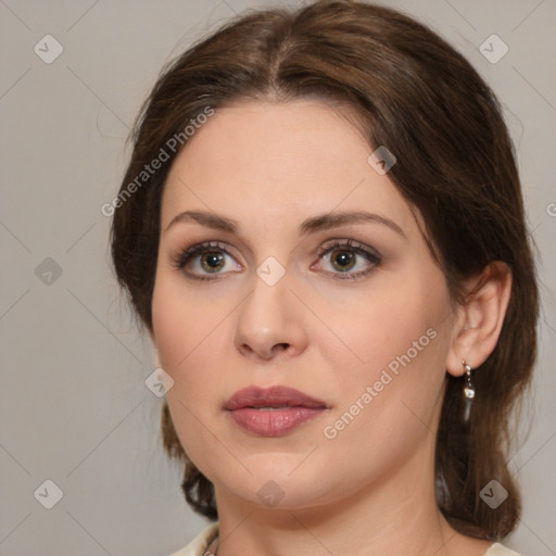 Neutral white young-adult female with medium  brown hair and brown eyes