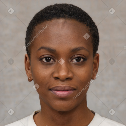 Joyful black young-adult female with short  brown hair and brown eyes