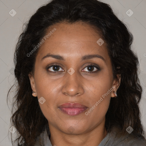 Joyful black adult female with medium  brown hair and brown eyes