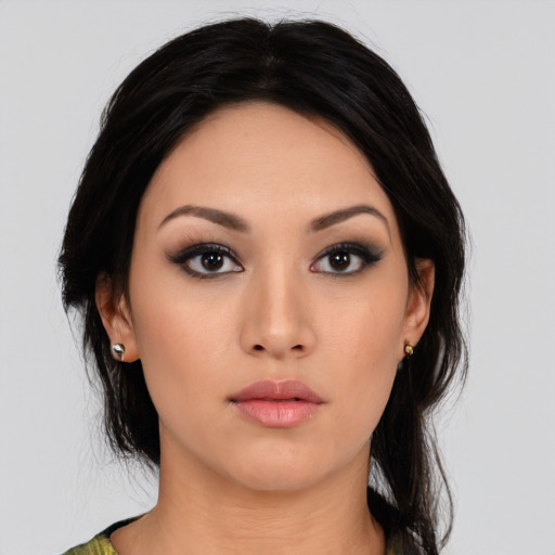 Neutral asian young-adult female with medium  black hair and brown eyes