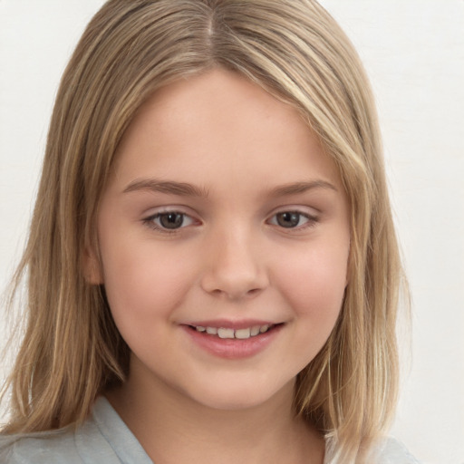 Joyful white child female with medium  brown hair and brown eyes