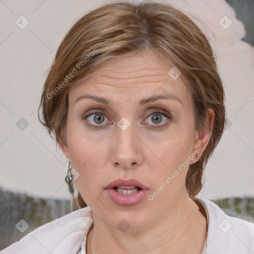 Joyful white adult female with medium  brown hair and blue eyes