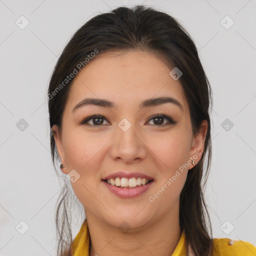 Joyful white young-adult female with long  brown hair and brown eyes