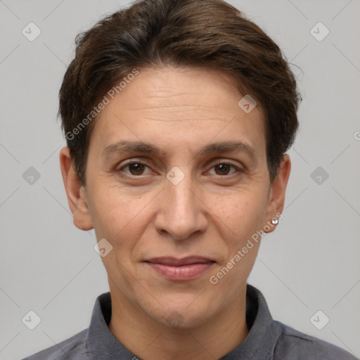 Joyful white adult female with short  brown hair and brown eyes