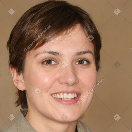 Joyful white young-adult female with medium  brown hair and brown eyes