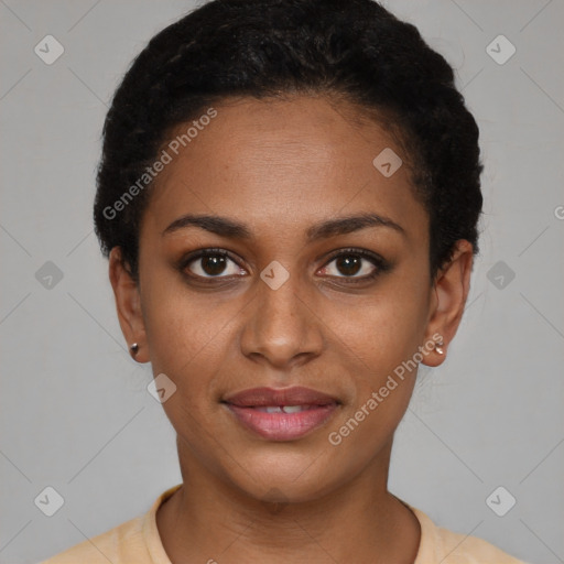 Joyful black young-adult female with short  black hair and brown eyes