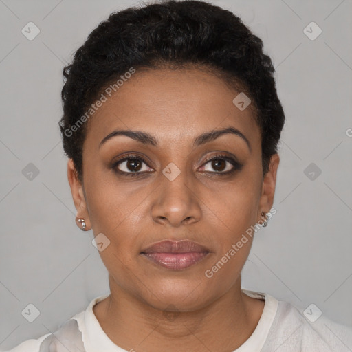 Joyful black young-adult female with short  brown hair and brown eyes