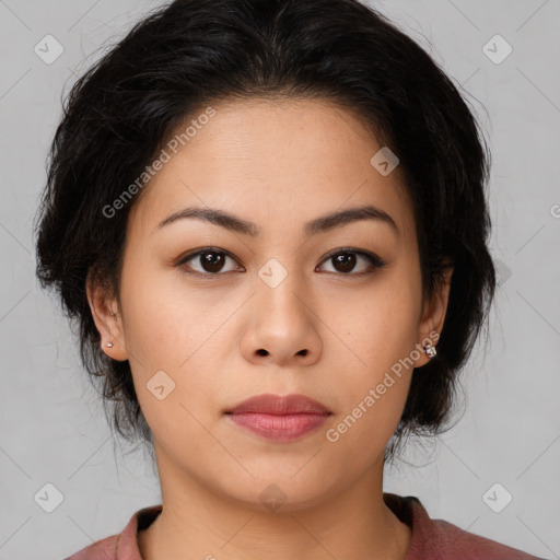 Neutral asian young-adult female with medium  brown hair and brown eyes