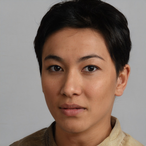 Neutral latino young-adult female with short  black hair and brown eyes