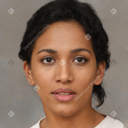 Joyful latino young-adult female with short  black hair and brown eyes