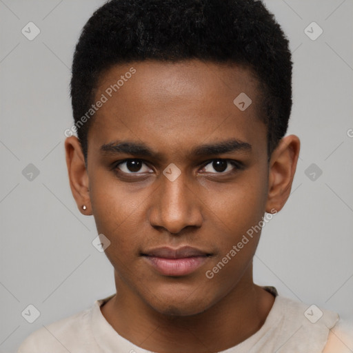 Neutral black young-adult male with short  brown hair and brown eyes